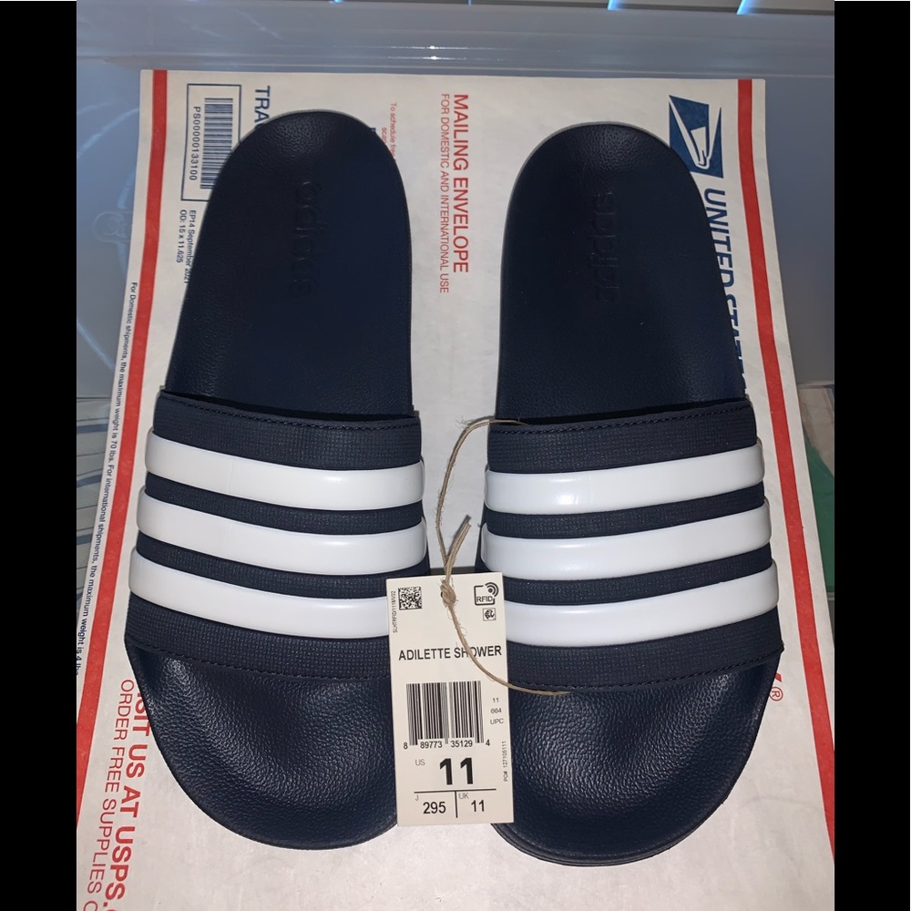 Adidas Men’s Adilette Shower Slide Dark Blue And White Size 11 NWT